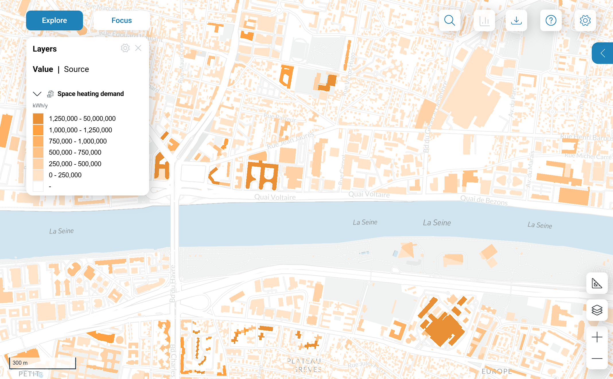 Building-level map of Paris coloured by attribute in Urban Data Factory